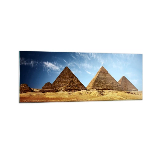 Impression sur verre - Image sur verre - Les pyramides de Gizeh contre un ciel bleu et un paysage désertique - 140x50cm - 40 siècles vous regardent - Décoration murale moderne pour le salon et la chambre ARTTOR