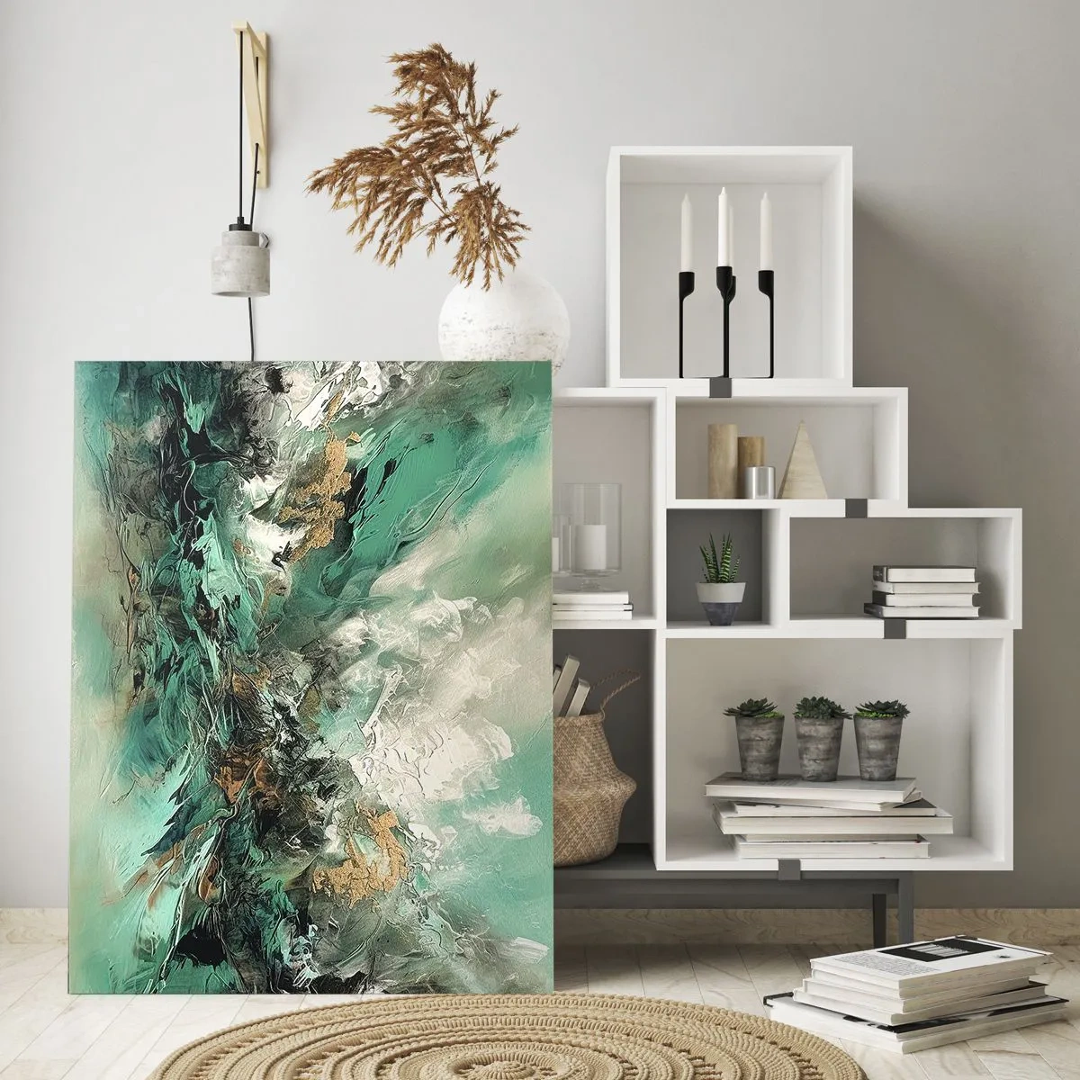 Impression sur verre - Image sur verre - Une composition abstraite dans les tons émeraude, noir et blanc. - 50x70cm - Ressac émeraude et noir - Décoration murale moderne pour le salon et la chambre ARTTOR