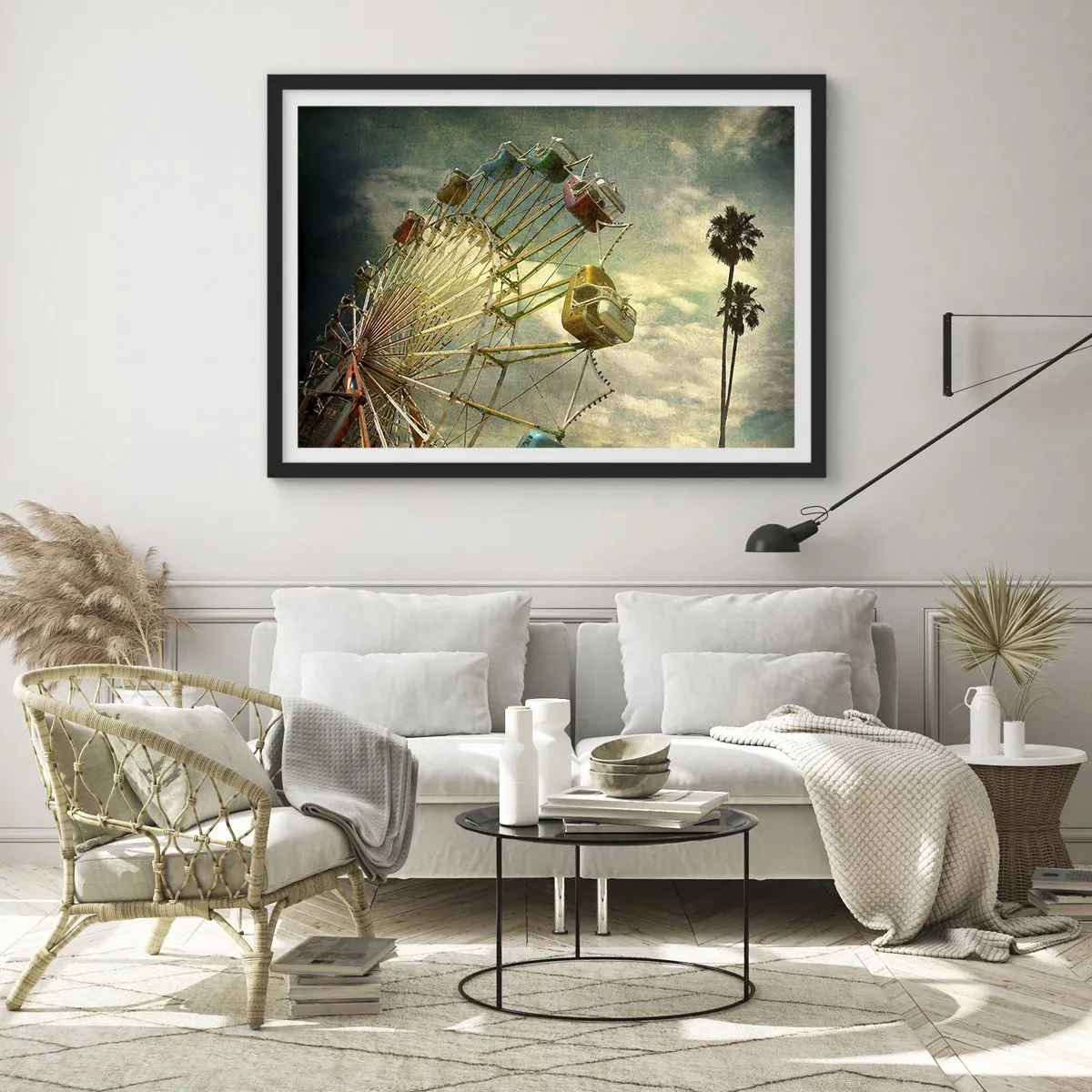 Affiche dans un cadre noir - Poster - Photo rétro d'une grande roue avec des palmiers contre le ciel - 70x50cm - On va faire la fête - Décoration murale moderne pour le salon et la chambre ARTTOR