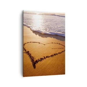 Impression sur toile - Image sur toile - Un cœur fait de sable sur la plage au coucher du soleil - 50x70cm - Confession de vacances - Décoration murale moderne pour le salon et la chambre ARTTOR