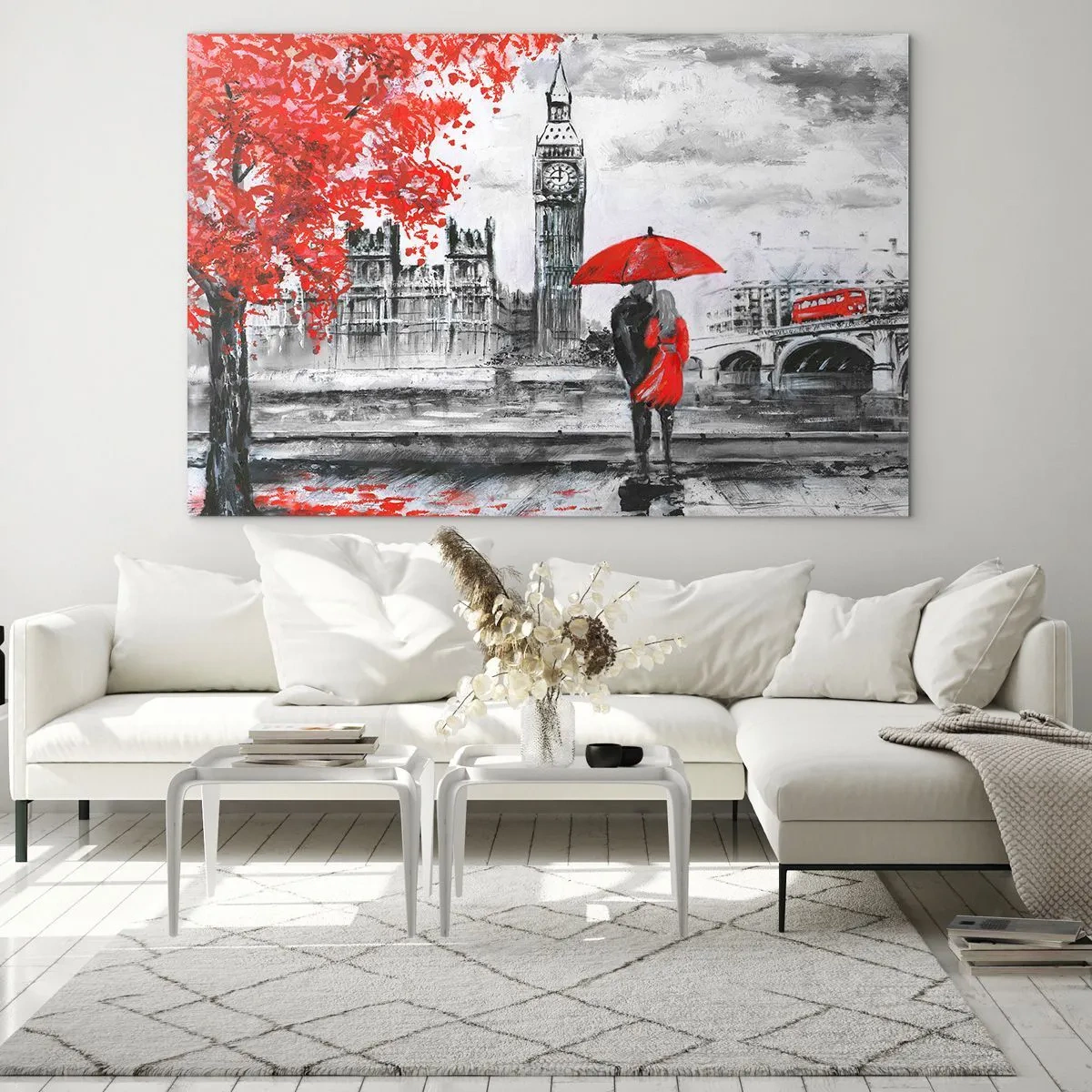 Impression sur verre - Image sur verre - Un couple sous un parapluie rouge avec Big Ben et des arbres d'automne en arrière-plan. - 120x80cm - Amoureux de Londres - Décoration murale moderne pour le salon et la chambre ARTTOR