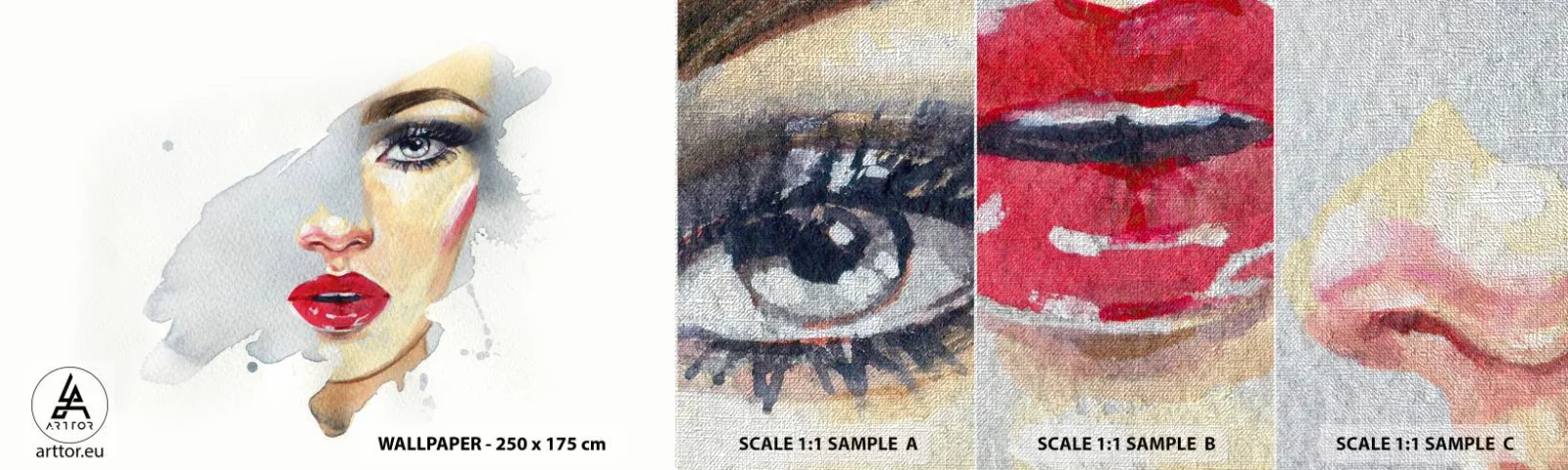 Échantillon de Papier Peint Premium Canvas - Reflet dans une goutte d'eau - Visage de femme, Femme, lèvres rouges - 100x30 cm