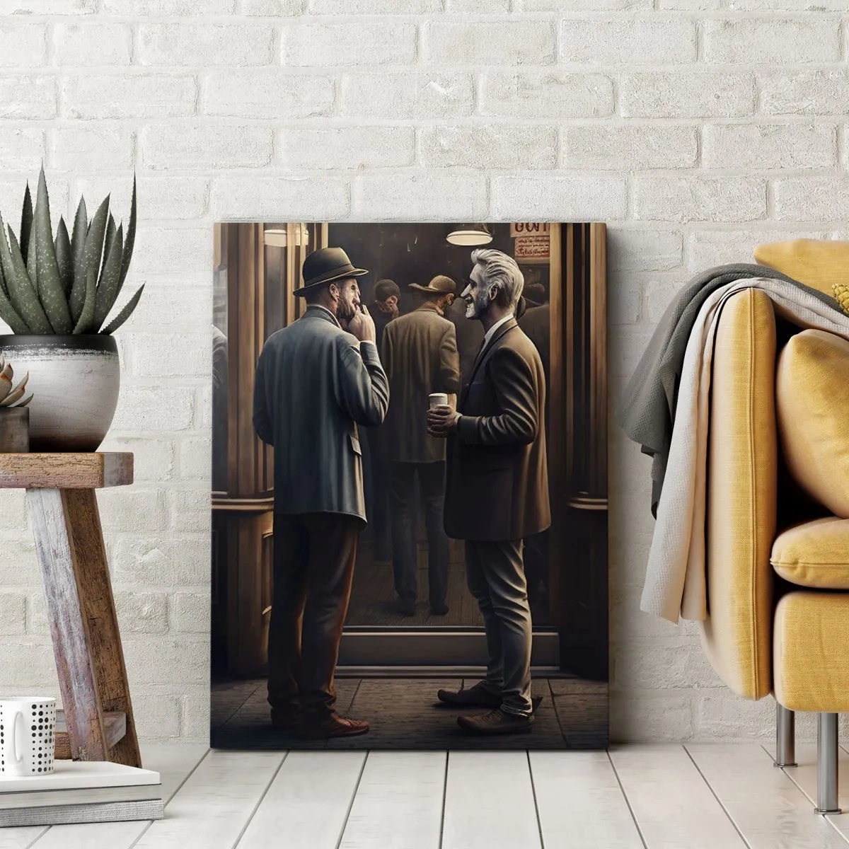 Impression sur toile - Image sur toile - Scène de rue avec des gens devant un café rétro - 70x100cm - Bon moment de la journée - Décoration murale moderne pour le salon et la chambre ARTTOR