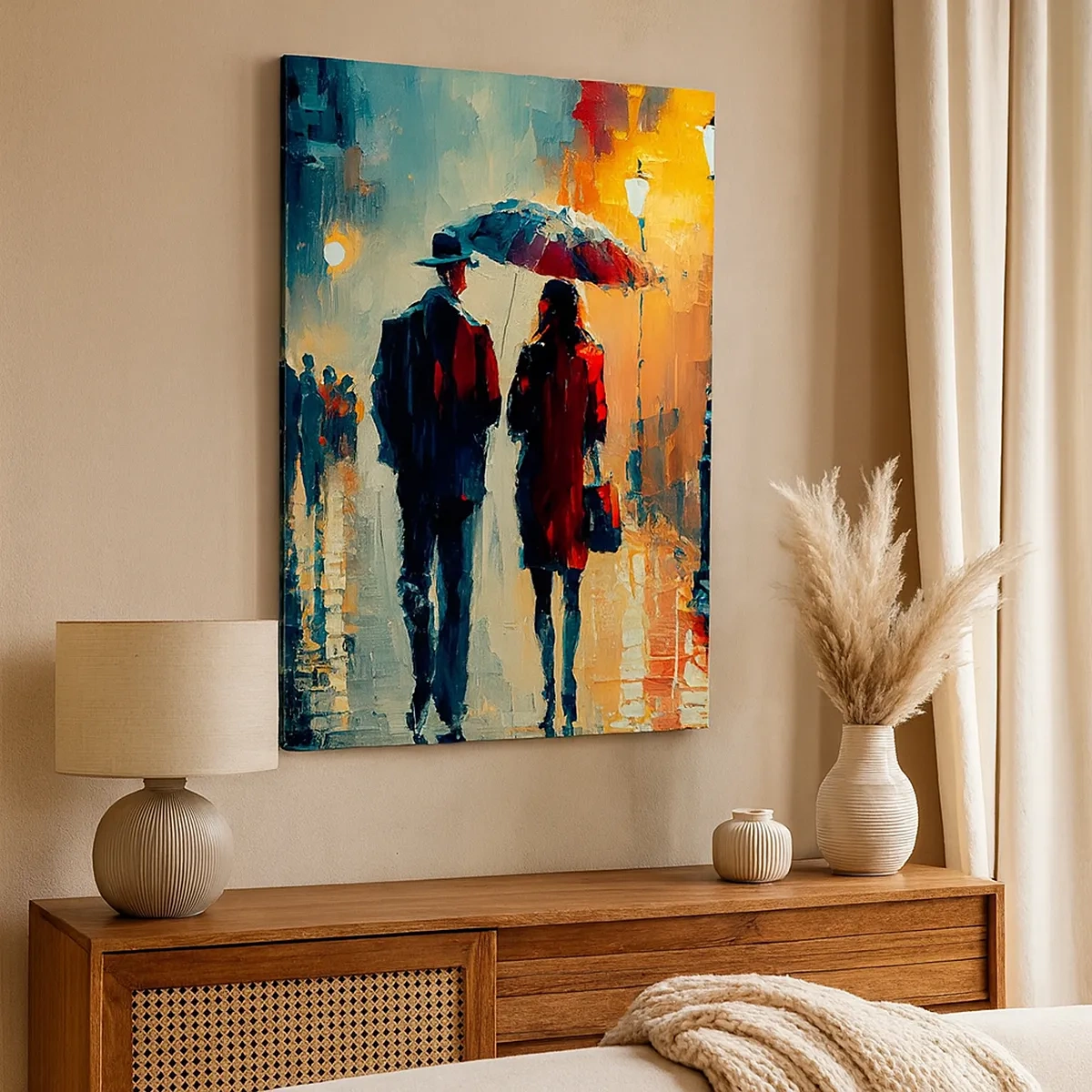 Impression sur toile - Image sur toile - Marcher sous la pluie sous un parapluie en ville la nuit - 50x70cm - Histoire d'amour urbaine - Décoration murale moderne pour le salon et la chambre ARTTOR