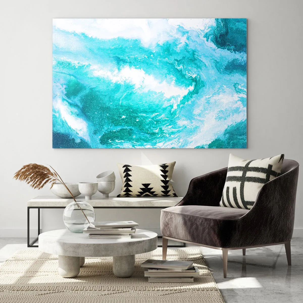 Impression sur verre - Image sur verre - Une composition abstraite représentant des vagues et des tourbillons turquoise. - 100x70cm - Au coeur de l'élément - Décoration murale moderne pour le salon et la chambre ARTTOR