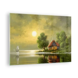 Impression sur verre - Image sur verre - Un paysage pittoresque avec un chalet au bord du lac au coucher du soleil - 70x50cm - Beau, comme une image - Décoration murale moderne pour le salon et la chambre ARTTOR
