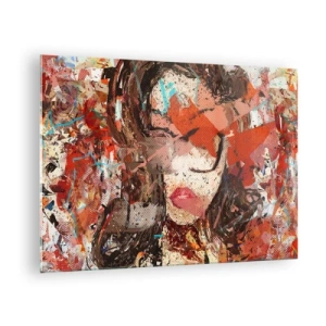 Impression sur verre - Image sur verre - Portrait abstrait d'une femme dans les tons de rouge et de beige - 70x50cm - Personne ne sait ce que tu es vraiment - Décoration murale moderne pour le salon et la chambre ARTTOR