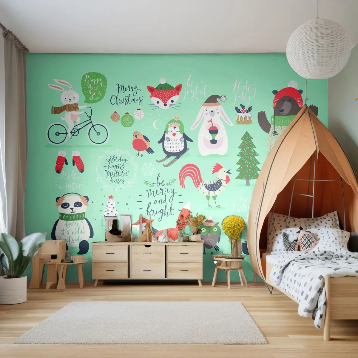 Papier Peint Photo Premium Sand - Illustrations d'animaux de Noël sur fond pastel - 100x70cm - Que ce soit toujours Noël ! - Décoration murale moderne pour le salon et la chambre ARTTOR
