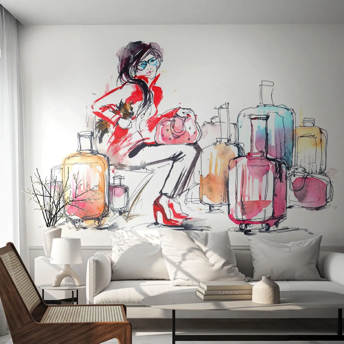 Papier peint sur mesure Premium Canvas - Asseyons-nous avant le voyage - Femme, Voyage, Valise