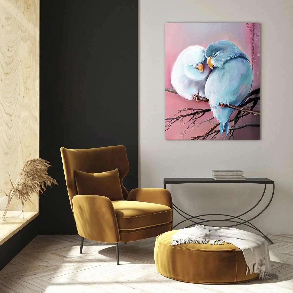 Impression sur verre - Image sur verre - Deux oiseaux amoureux sur une branche sur fond rose - 80x120cm - Que dire de plus?... - Décoration murale moderne pour le salon et la chambre ARTTOR