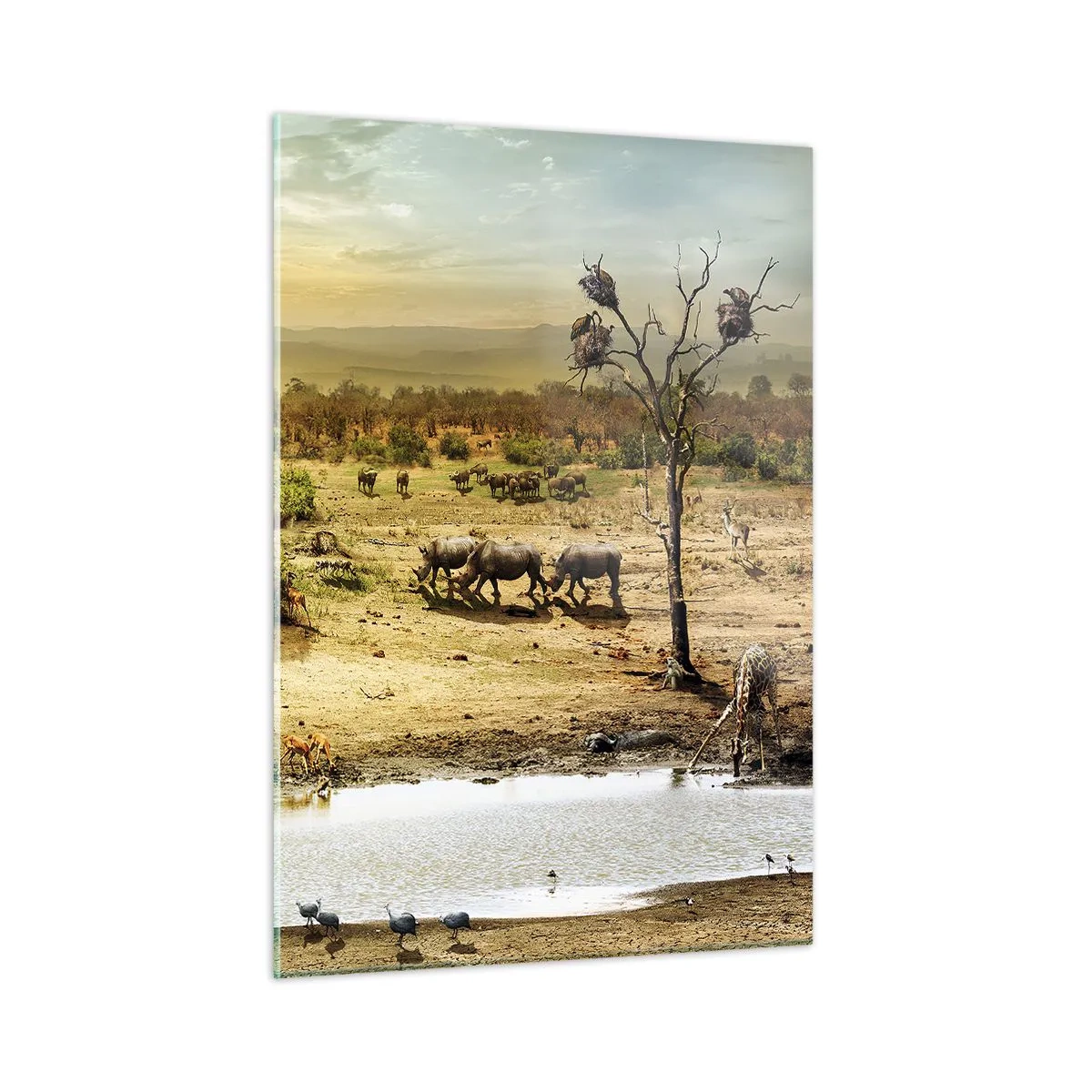 Impression sur verre - Image sur verre - Éléphants et animaux à un point d'eau sur fond de paysage africain - 50x70cm - "Et d'Eden coulait une rivière..." - Décoration murale moderne pour le salon et la chambre ARTTOR