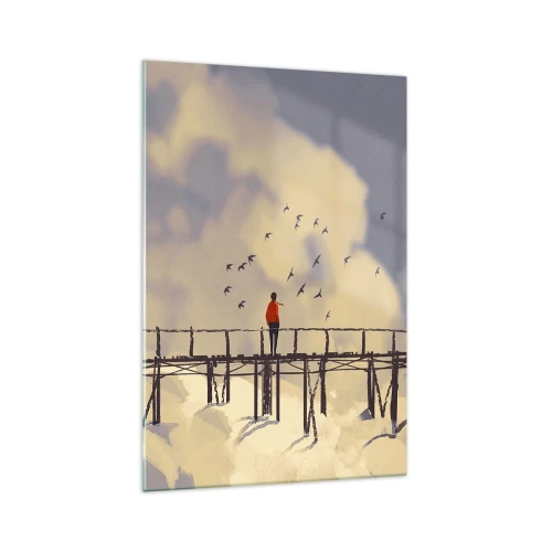 Impression sur verre - Image sur verre - Une silhouette sur un pont parmi les nuages avec des oiseaux dans le ciel - 70x100cm - Bleu nostalgie - Décoration murale moderne pour le salon et la chambre ARTTOR