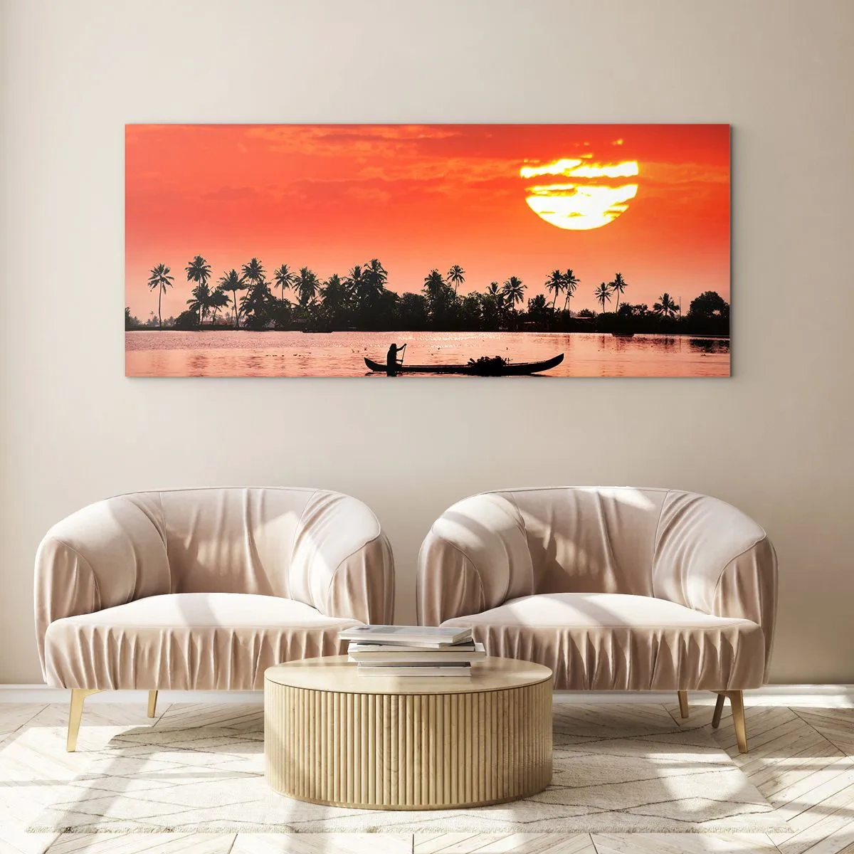 Impression sur verre - Image sur verre - Coucher de soleil tropical avec un bateau et des palmiers en arrière-plan - 120x50cm - La tranquillité des tropiques au coucher du soleil - Décoration murale moderne pour le salon et la chambre ARTTOR