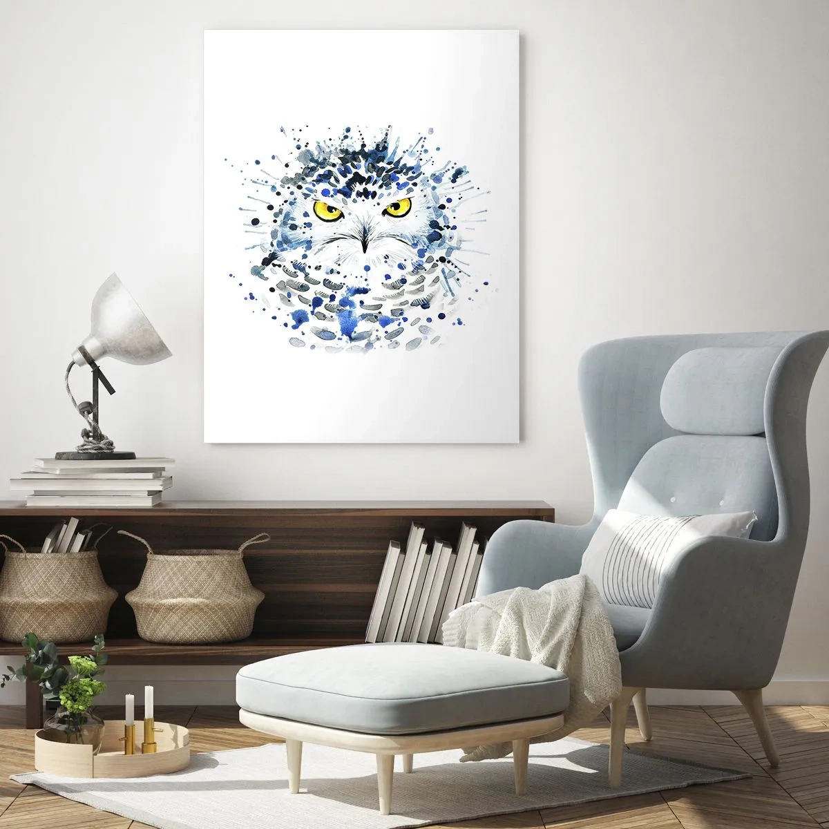Impression sur verre - Image sur verre - Portrait abstrait d'un hibou aux couleurs bleu et jaune - 80x120cm - Droit dans les yeux - Décoration murale moderne pour le salon et la chambre ARTTOR