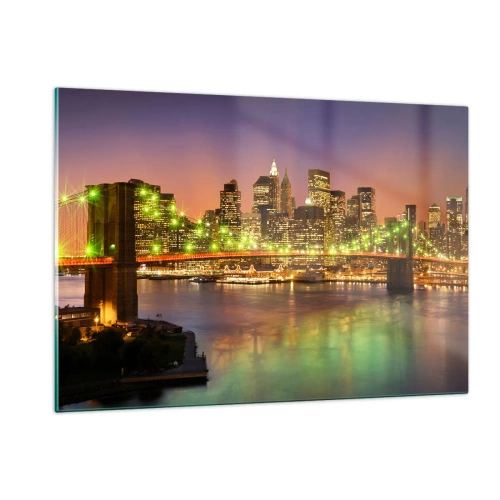 Impression sur verre - Image sur verre - Pont illuminé sur la rivière avec vue panoramique sur la ville au crépuscule - 120x80cm - Ici la lumière ne s'éteint jamais - Décoration murale moderne pour le salon et la chambre ARTTOR