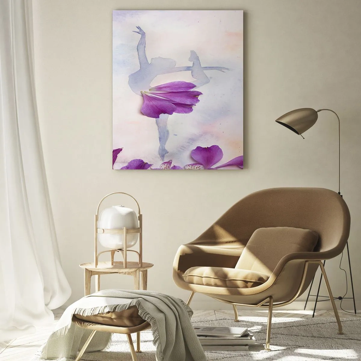 Impression sur verre - Image sur verre - Une danseuse en robe à pétales de fleurs sur fond pastel - 70x100cm - Délicat comme une fleur - Décoration murale moderne pour le salon et la chambre ARTTOR
