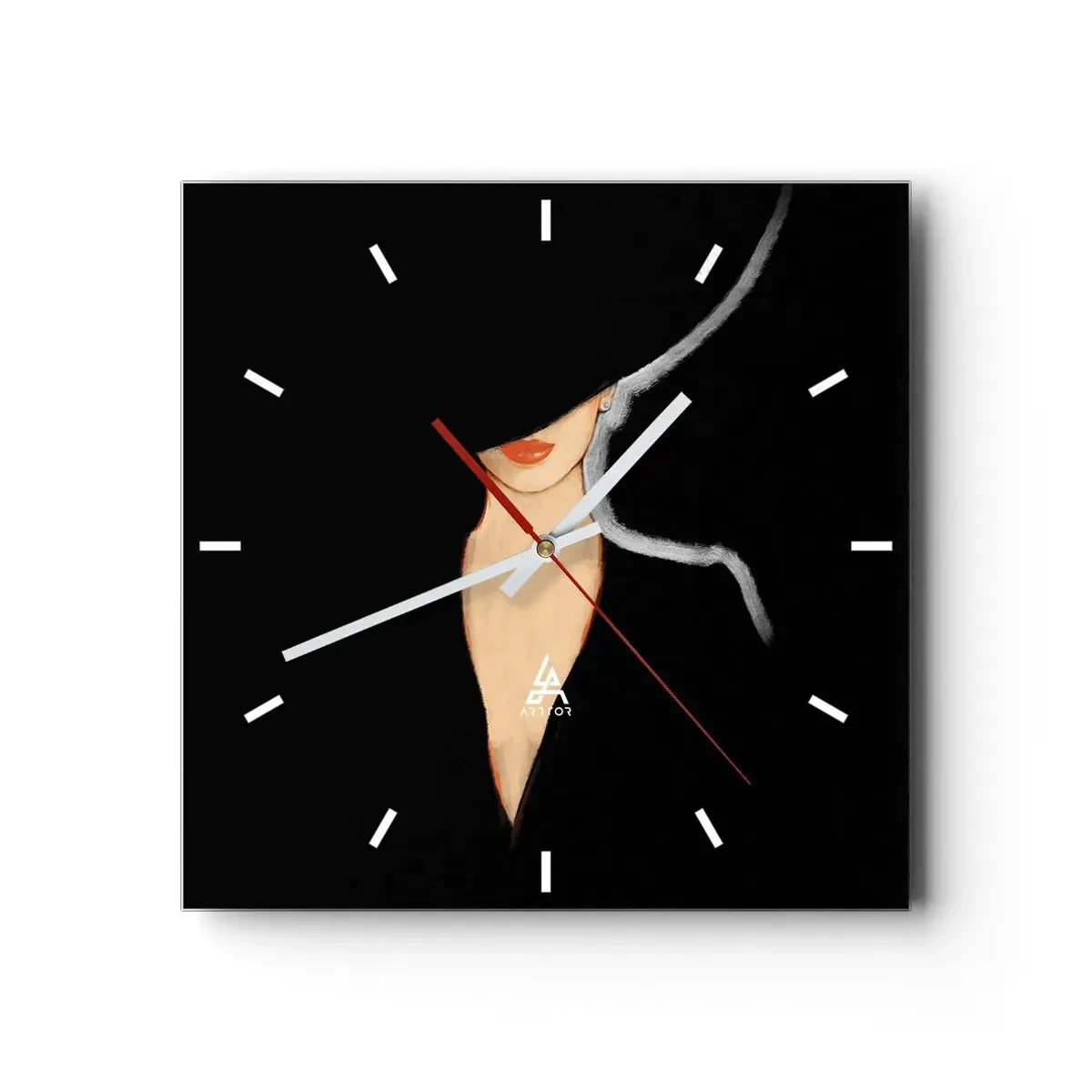 Horloge murale - Pendule murale - Silhouette d'une femme au chapeau sur fond noir - 30x30cm - Élégance et style - Décoration murale moderne pour le salon et la chambre ARTTOR