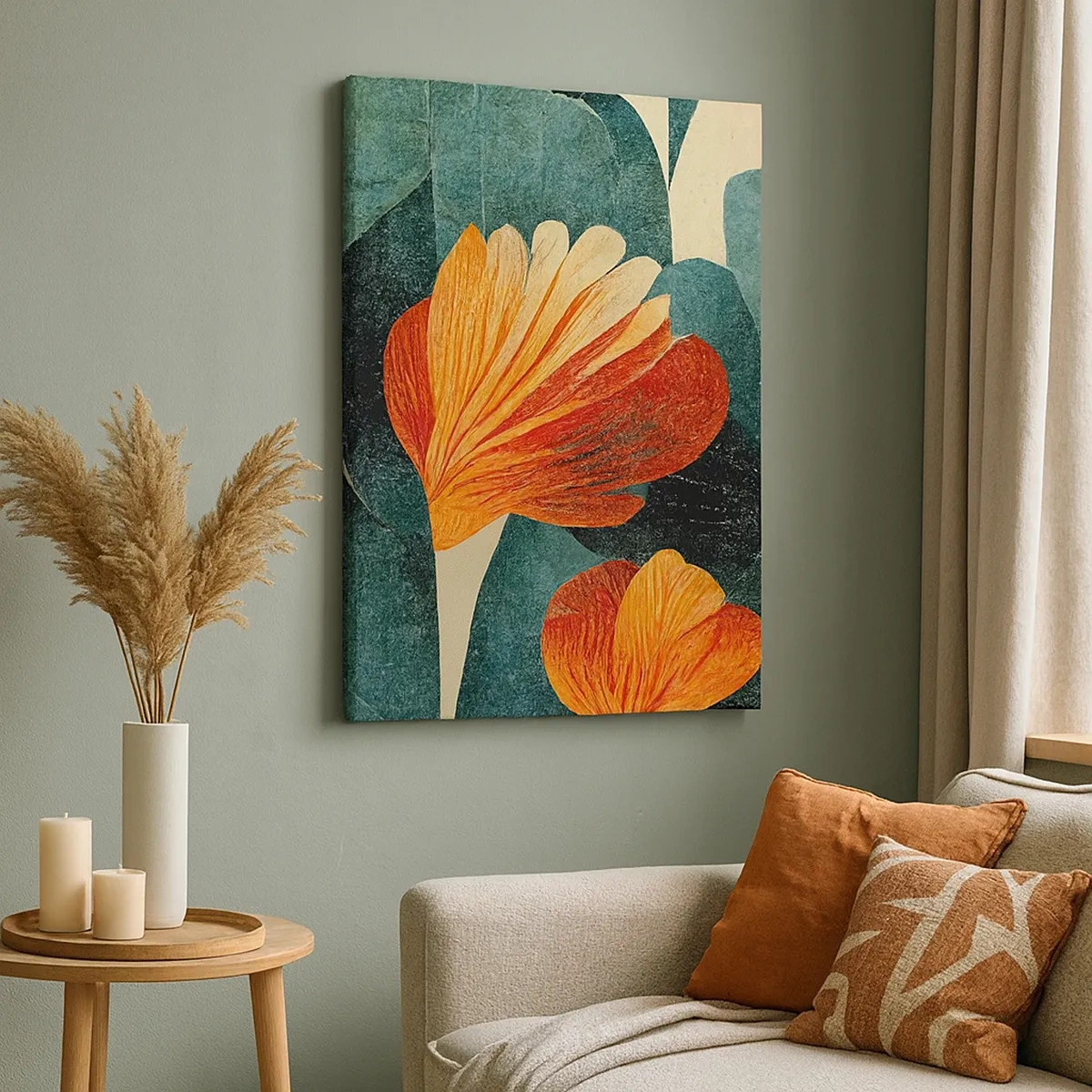 Impression sur toile - Image sur toile - Fleurs aux tons intenses d'orange et de vert - 50x70cm - La chaleur des tropiques et la fraîcheur de la verdure - Décoration murale moderne pour le salon et la chambre ARTTOR
