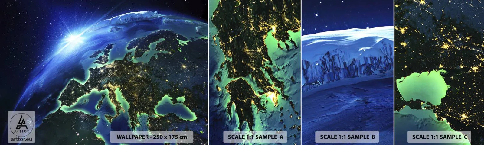 Échantillon de Papier Peint Autocollant Deluxe Sticker - Europe pétillante - Cosmos, Planète Terre, Continents - 100x30 cm