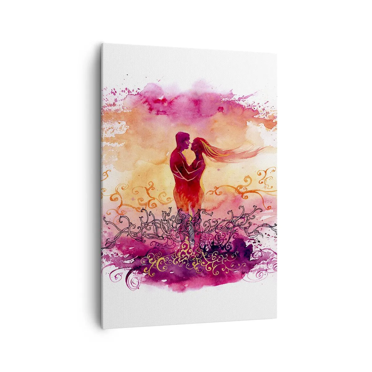 Impression sur toile - Image sur toile - Un couple s'embrassant sur un motif abstrait rose et orange - 70x100cm - Un coeur! Je n'ai pas besoin de beaucoup… - Décoration murale moderne pour le salon et la chambre ARTTOR