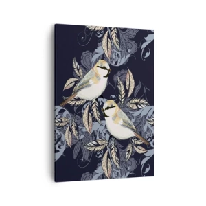 Impression sur toile - Image sur toile - Oiseaux sur des branches dans un arrière-plan ornemental - 50x70cm - Babillement jaune et bleu - Décoration murale moderne pour le salon et la chambre ARTTOR