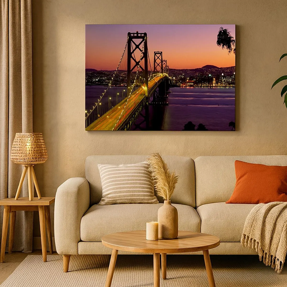 Impression sur toile - Image sur toile - Un pont illuminé la nuit au-dessus de l'eau avec une vue panoramique sur la ville - 70x50cm - Soirée violette - Décoration murale moderne pour le salon et la chambre ARTTOR