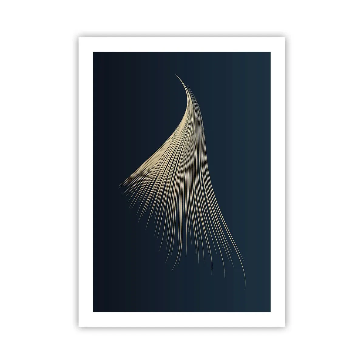 Affiche - Poster - Une forme abstraite dorée ressemblant à une mèche de cheveux sur un fond bleu marine. - 50x70cm - Comme les cheveux d'un ange - Décoration murale moderne pour le salon et la chambre ARTTOR