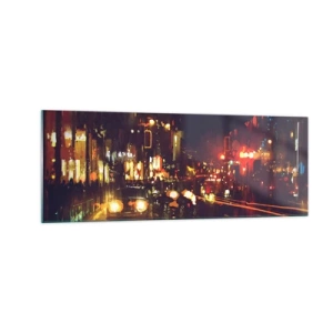 Impression sur verre - Image sur verre - Scène de ville nocturne avec des lumières colorées et des reflets dans la rue - 140x50cm - Immergé dans les lumières de la nuit - Décoration murale moderne pour le salon et la chambre ARTTOR