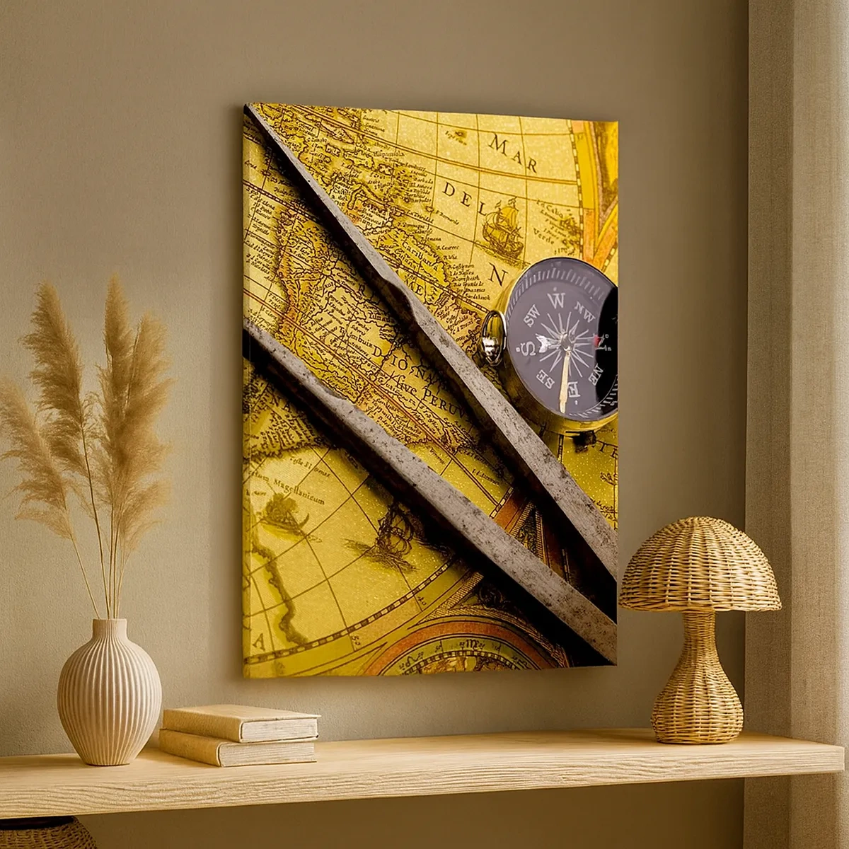 Impression sur toile - Image sur toile - Une carte du monde antique avec une boussole et un compas en arrière-plan - 50x70cm - Où sont ces trésors? - Décoration murale moderne pour le salon et la chambre ARTTOR