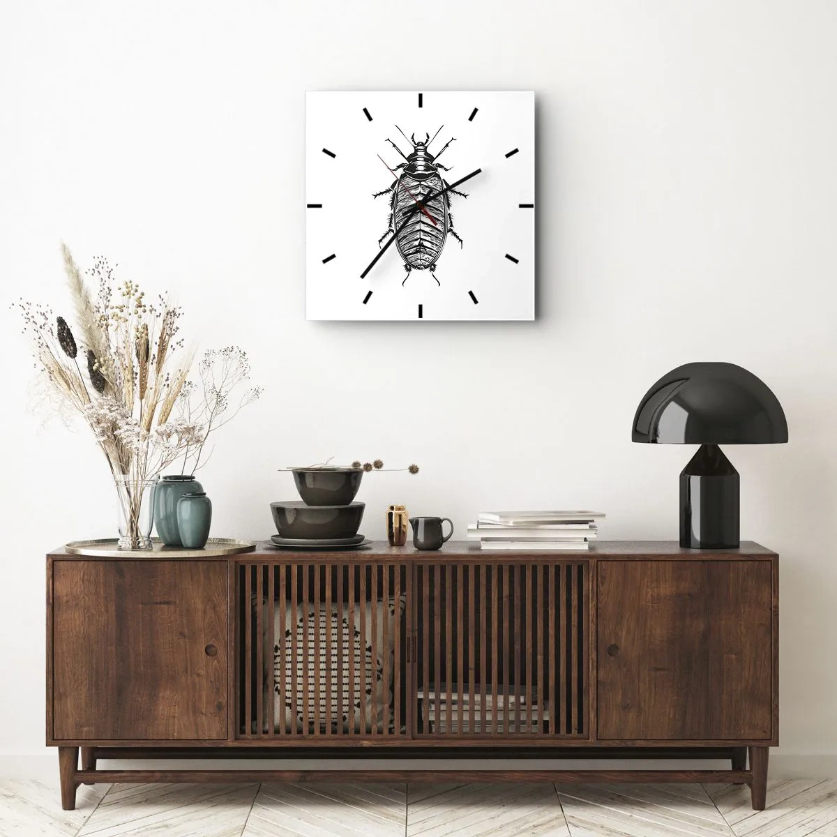 Horloge murale - Pendule murale - Graphique d'un insecte noir et blanc sur fond blanc - 30x30cm - Quel spécimen! - Décoration murale moderne pour le salon et la chambre ARTTOR