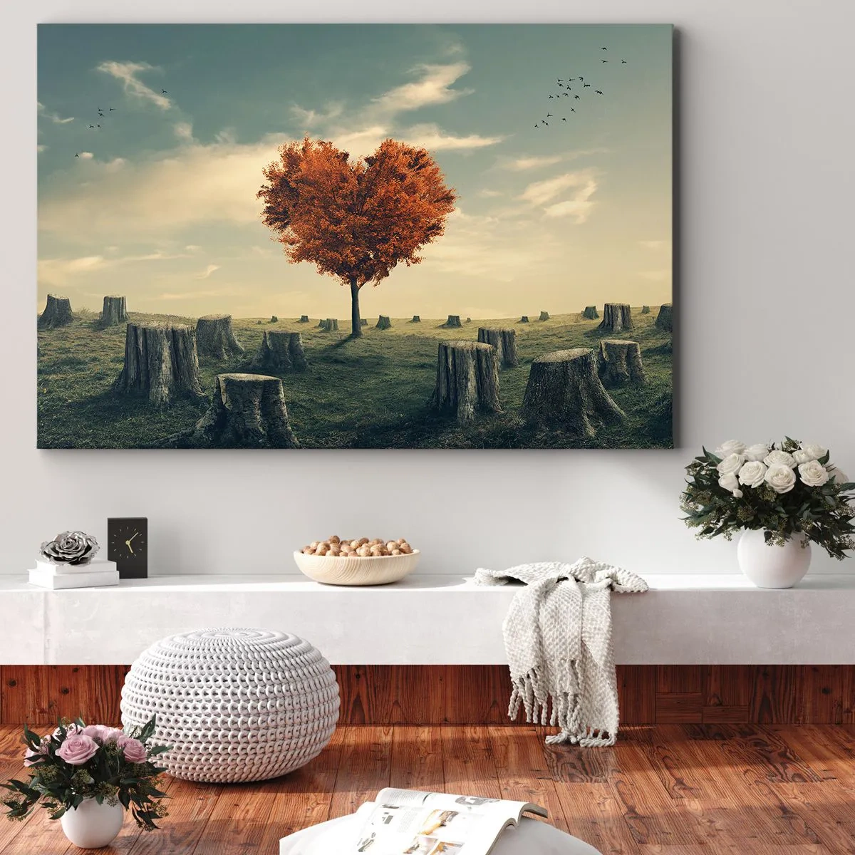 Impression sur toile - Image sur toile - Un arbre en forme de cœur dans un champ de souches, symbole d'espoir - 120x80cm - Il y a toujours de l'espoir - Décoration murale moderne pour le salon et la chambre ARTTOR