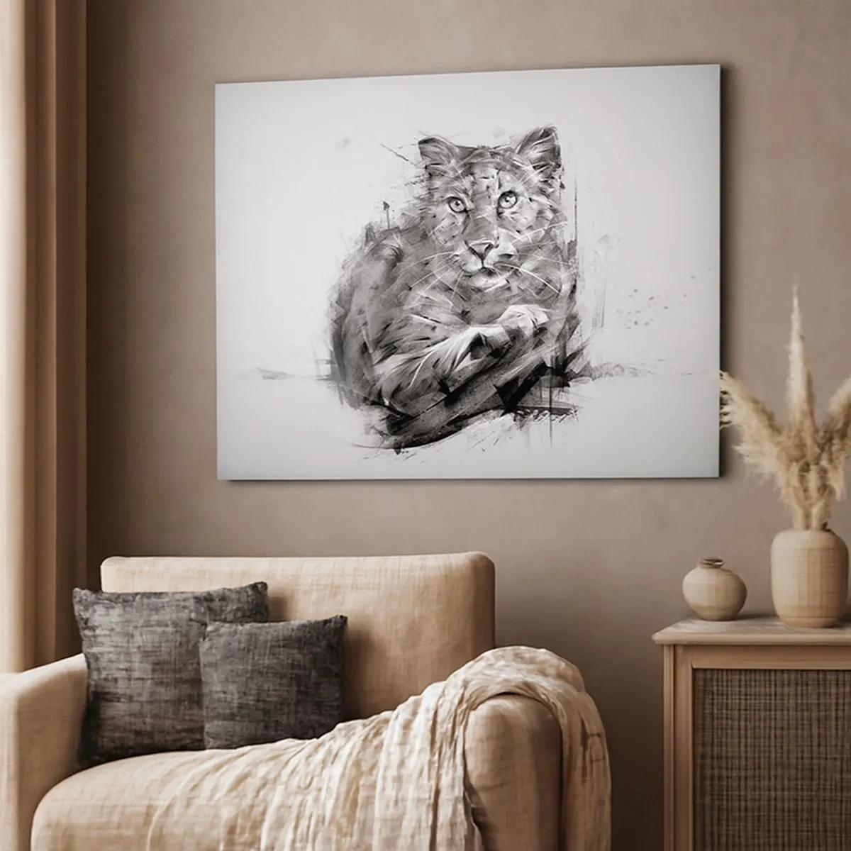 Impression sur toile - Image sur toile - Portrait noir et blanc d'un lion dans un style artistique avec des traits dynamiques. - 70x50cm - Oui, j'écoute attentivement - Décoration murale moderne pour le salon et la chambre ARTTOR