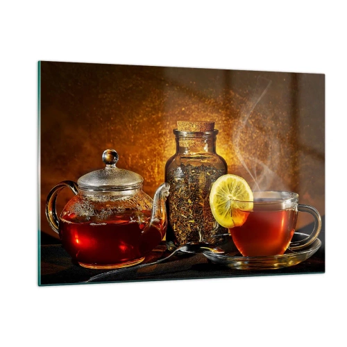 Impression sur verre - Image sur verre - Une théière en verre et une tasse de thé au citron - 120x80cm - Dans le style des maîtres hollandais - Décoration murale moderne pour le salon et la chambre ARTTOR