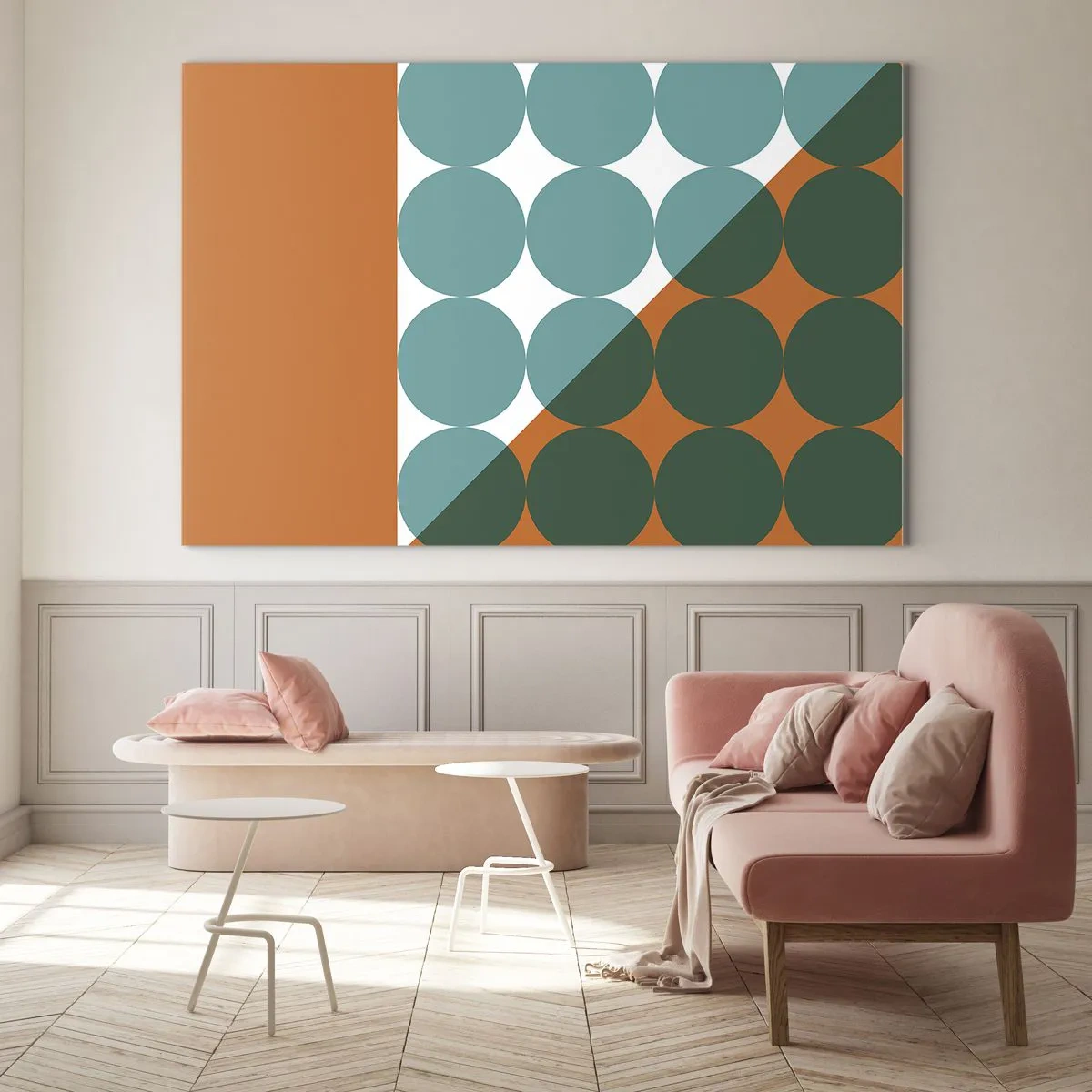Impression sur verre - Image sur verre - Composition géométrique abstraite avec des cercles et un triangle - 120x80cm - En haut et en diagonale - Décoration murale moderne pour le salon et la chambre ARTTOR