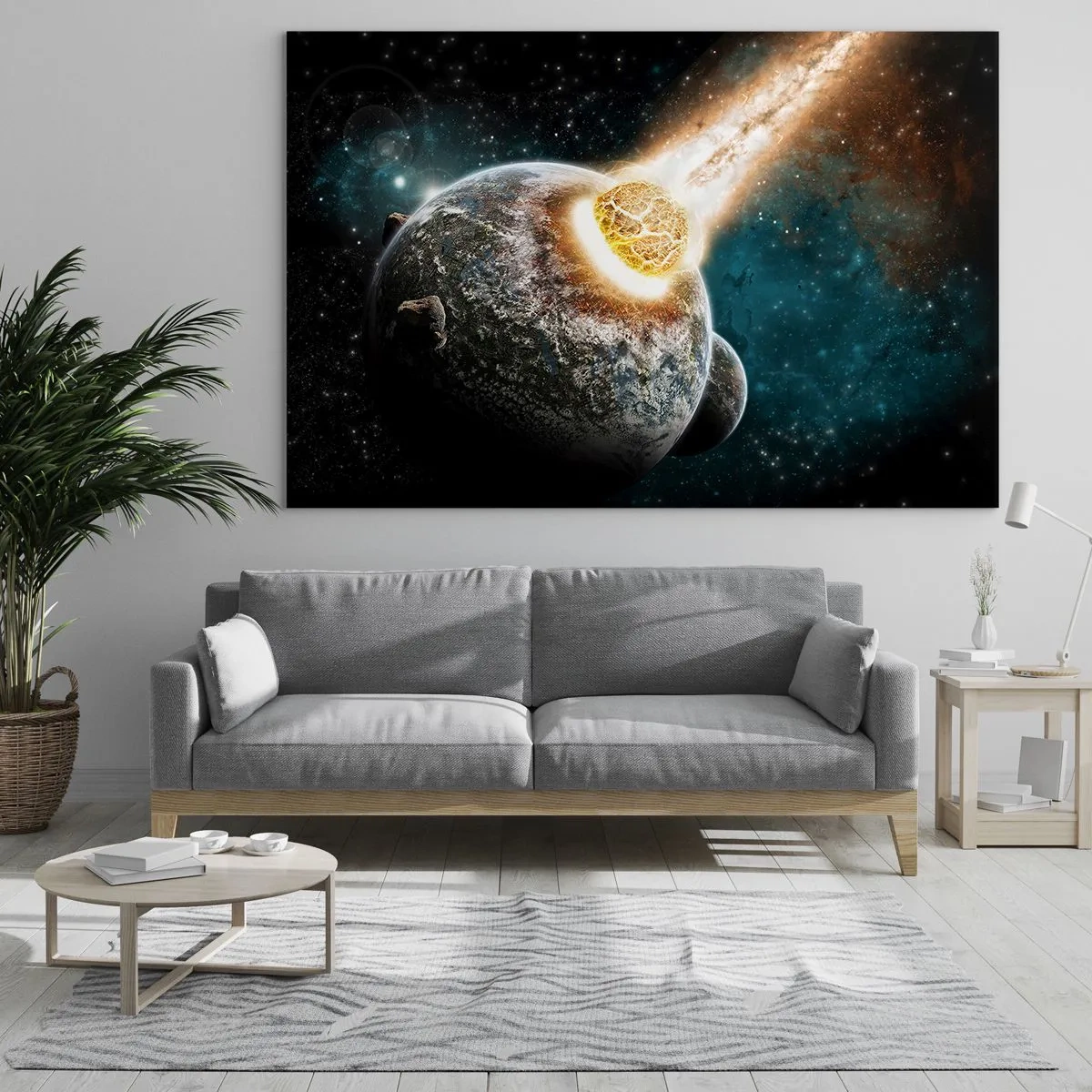 Impression sur verre - Image sur verre - Une planète entrant en collision avec une météorite - 70x50cm - Destruction ou naissance? - Décoration murale moderne pour le salon et la chambre ARTTOR