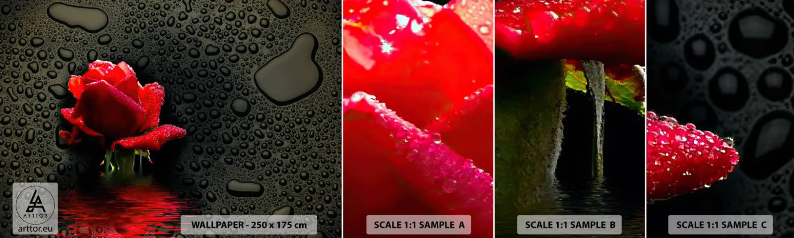 Échantillon De Papier Peint Standard Eco - Rouge et noir - Fleurs, Rose, Eau - 100x30 cm