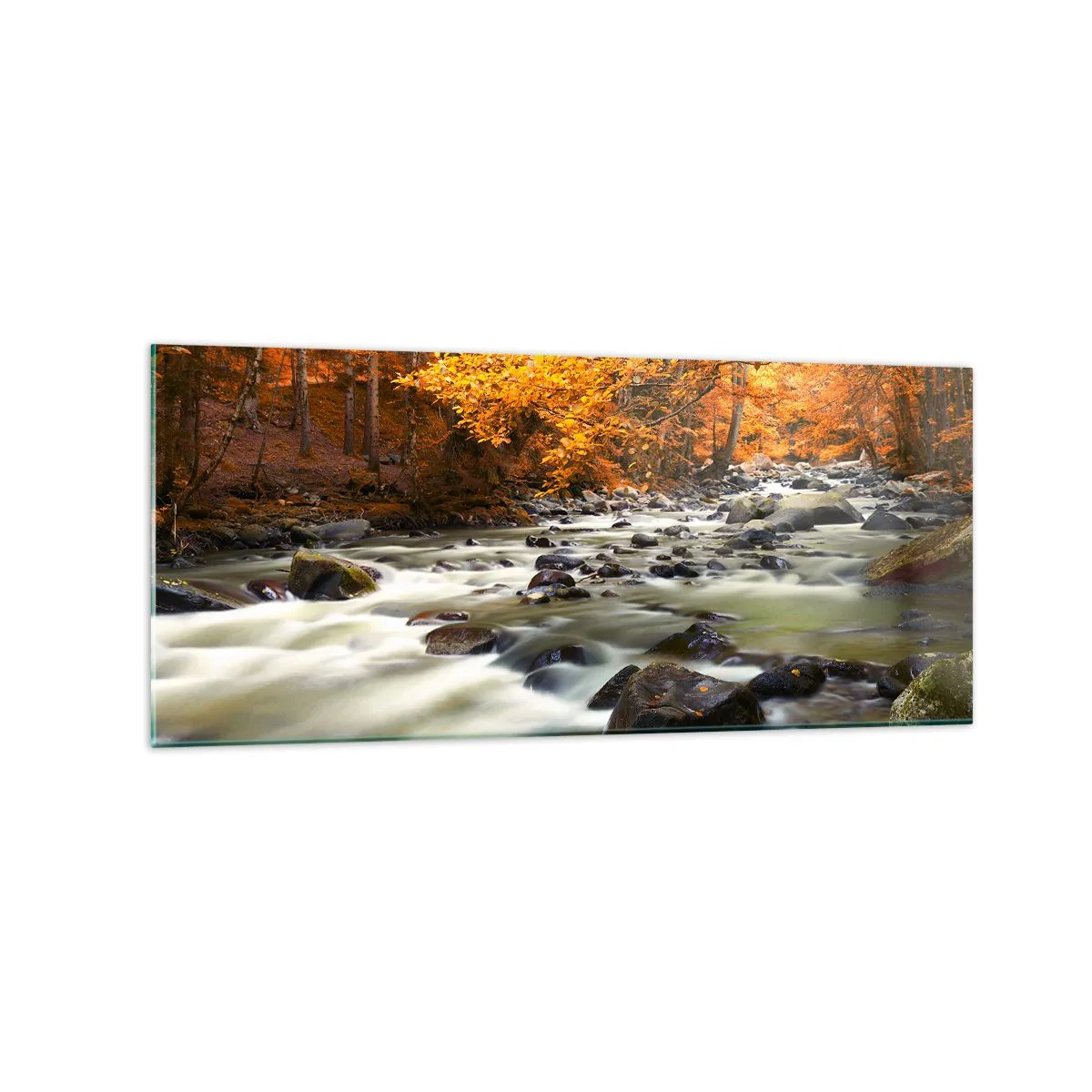 Impression sur verre - Image sur verre - Un ruisseau dans une forêt d'automne entouré de feuilles dorées - 120x50cm - Un ruisseau dans une forêt dorée - Décoration murale moderne pour le salon et la chambre ARTTOR