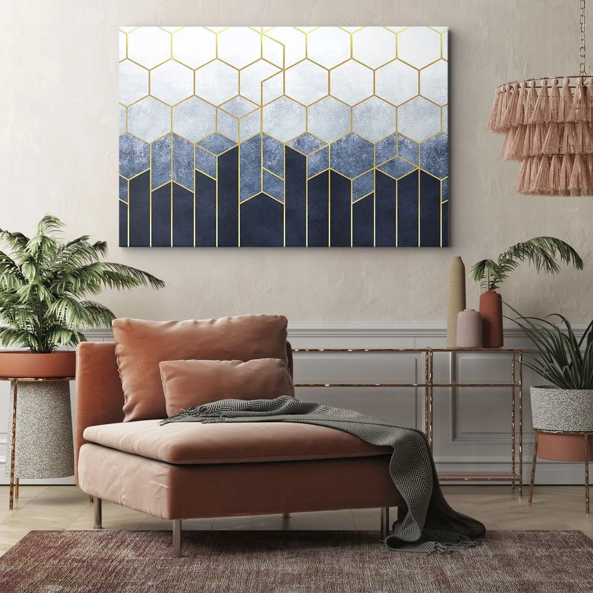 Impression sur toile - Image sur toile - Motif géométrique dans les tons or et bleu marine - 70x50cm - Composition en rythme syncopé - Décoration murale moderne pour le salon et la chambre ARTTOR