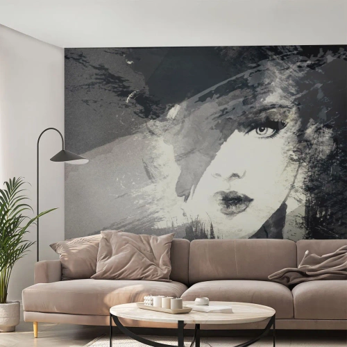 Papier peint sur mesure Premium Sand - Derrière un voile gris - Visage de femme, Noir et blanc, Yeux