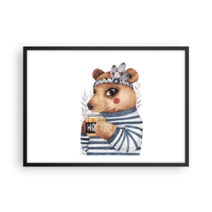 Affiche dans un cadre noir - Poster - Un ours en peluche dans un pull rayé avec une tasse de miel - 70x50cm - Un nounours trop mignon - Décoration murale moderne pour le salon et la chambre ARTTOR