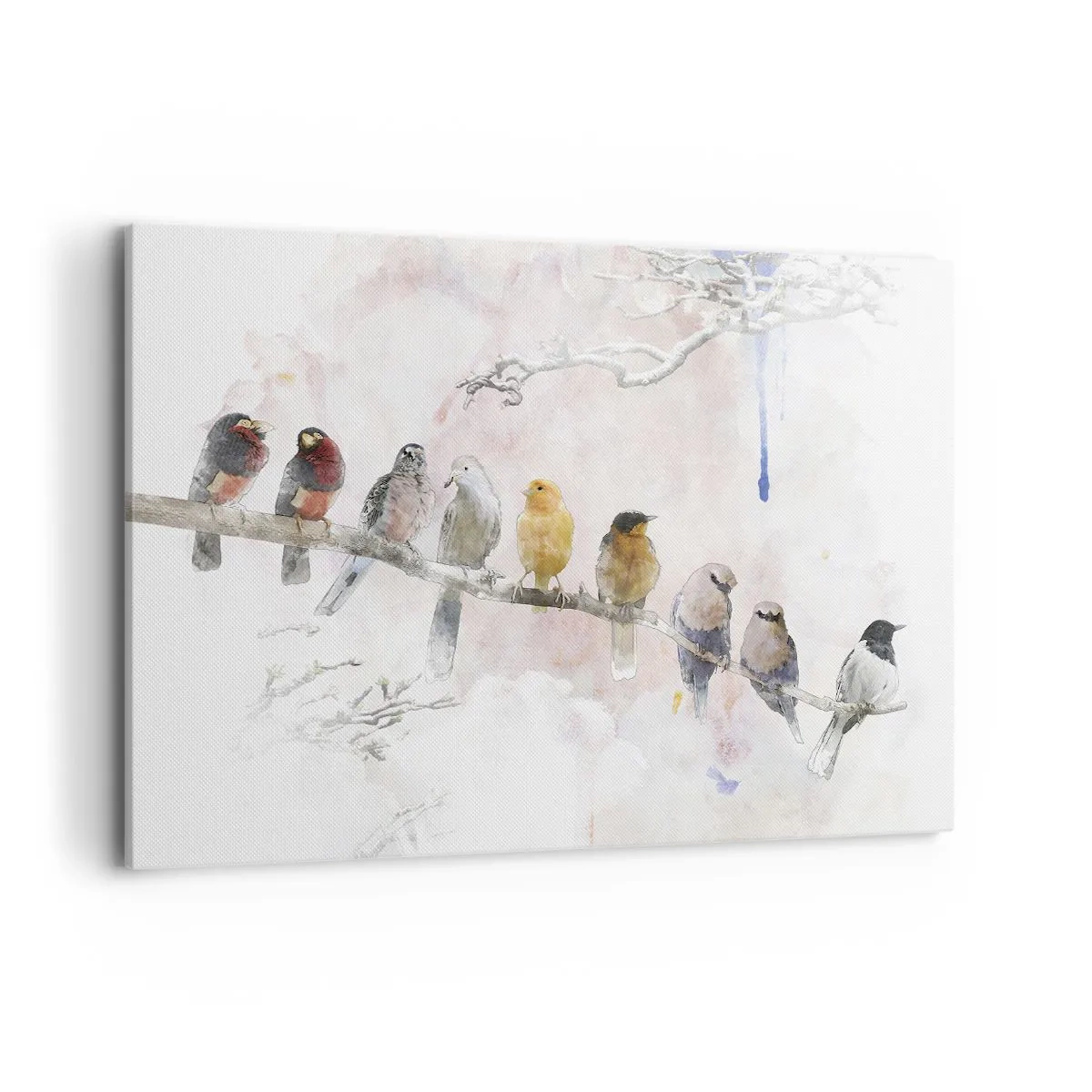 Impression sur toile - Image sur toile - Oiseaux colorés sur une branche dans un style aquarelle - 120x80cm - Rencontre ailée - Décoration murale moderne pour le salon et la chambre ARTTOR