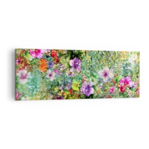 Impression sur toile - Image sur toile - Une composition florale colorée sur fond vert - 140x50cm - En fleurs pour la perdition - Décoration murale moderne pour le salon et la chambre ARTTOR