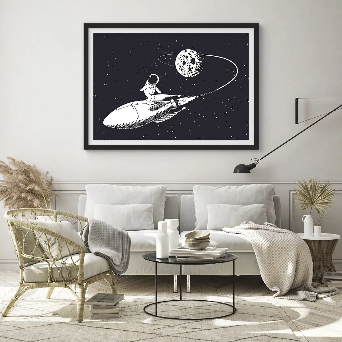 Affiche dans un cadre noir - Poster - Astronaute sur une fusée dans l'espace - 100x70cm - Surfeur de l'espace - Décoration murale moderne pour le salon et la chambre ARTTOR