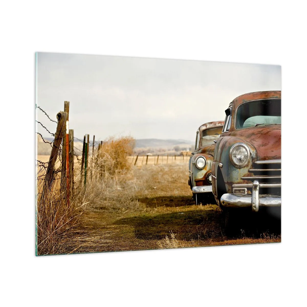 Impression sur verre - Image sur verre - Voitures anciennes sur une route de campagne - 100x70cm - Repos bien mérité - Décoration murale moderne pour le salon et la chambre ARTTOR