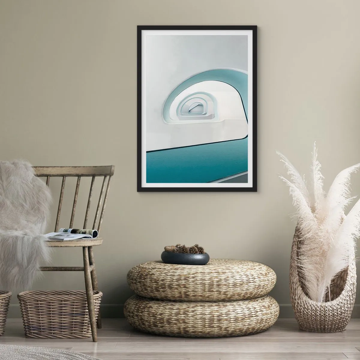 Affiche dans un cadre noir - Poster - Lignes courbes modernes et structures architecturales aux couleurs vives - 50x70cm - Au profondeur du bleu - Décoration murale moderne pour le salon et la chambre ARTTOR