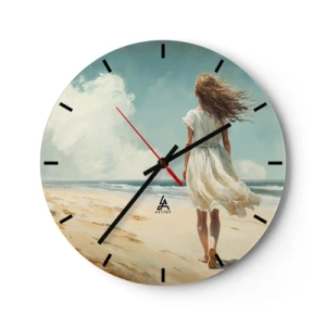 Horloge murale - Pendule murale - Une femme en robe blanche marchant pieds nus sur la plage - 30x30cm - Pour rencontrer le soleil et le vent - Décoration murale moderne pour le salon, la cuisine et la chambre ARTTOR