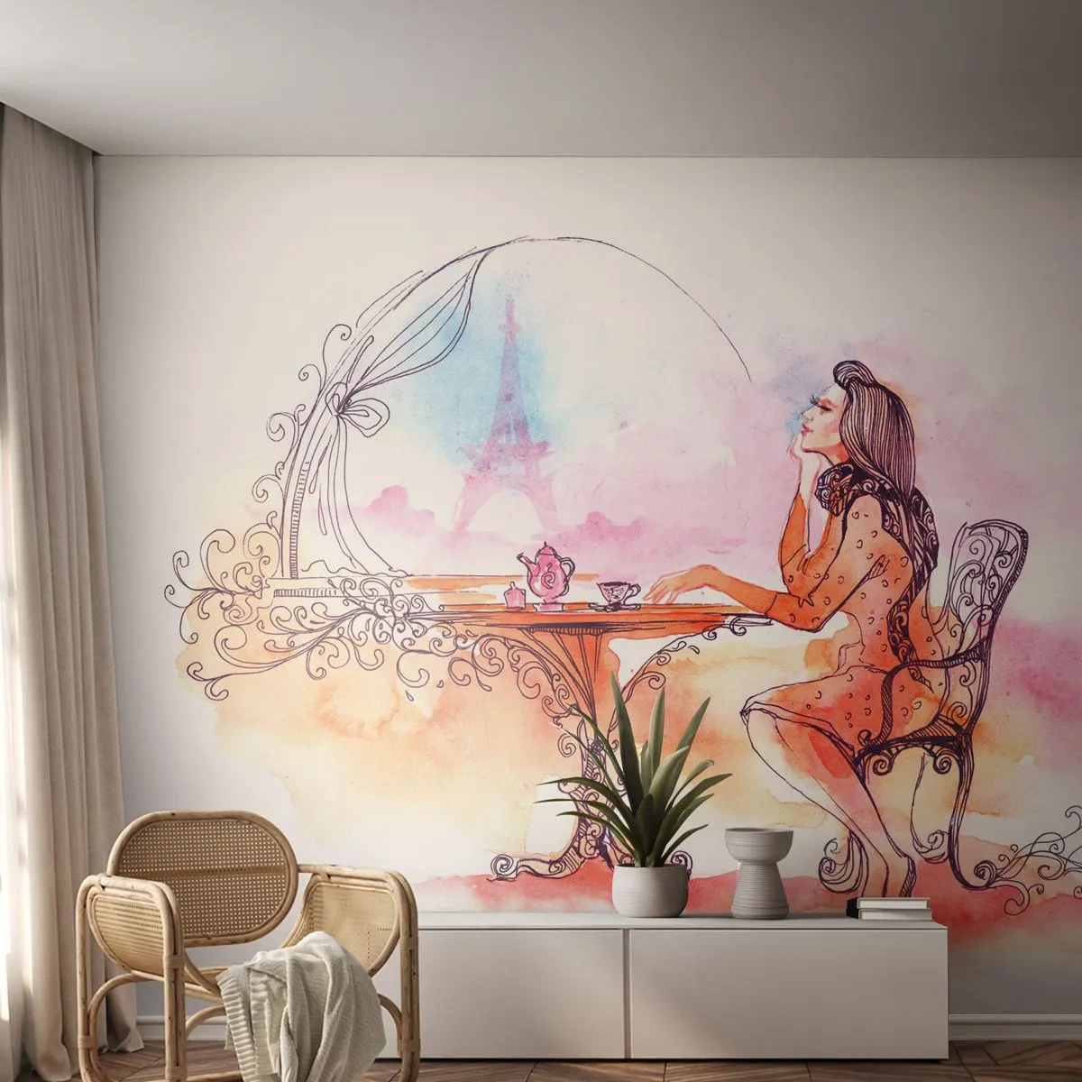Papier Peint Photo Premium Canvas - Aquarelle romantique d'une femme dans un café surplombant une tour - 100x70cm - Le chic parisien - Décoration murale moderne pour le salon et la chambre ARTTOR