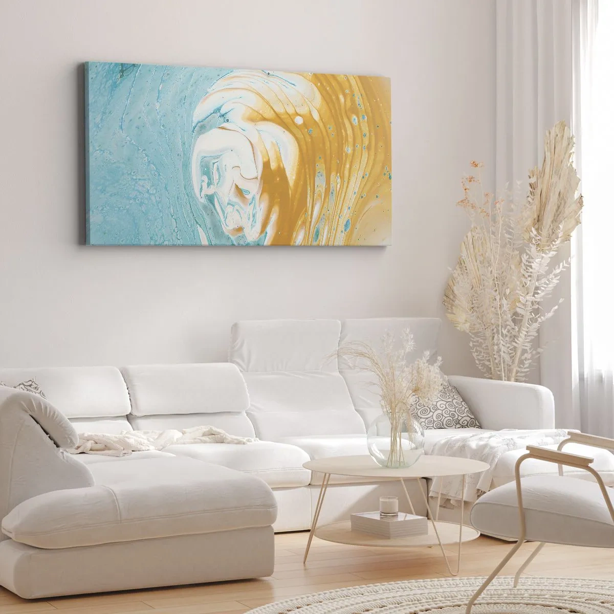 Impression sur toile - Image sur toile - Vagues abstraites dans des tons de bleu et d'or sur toile - 120x50cm - Tourbillon pastel - Décoration murale moderne pour le salon et la chambre ARTTOR