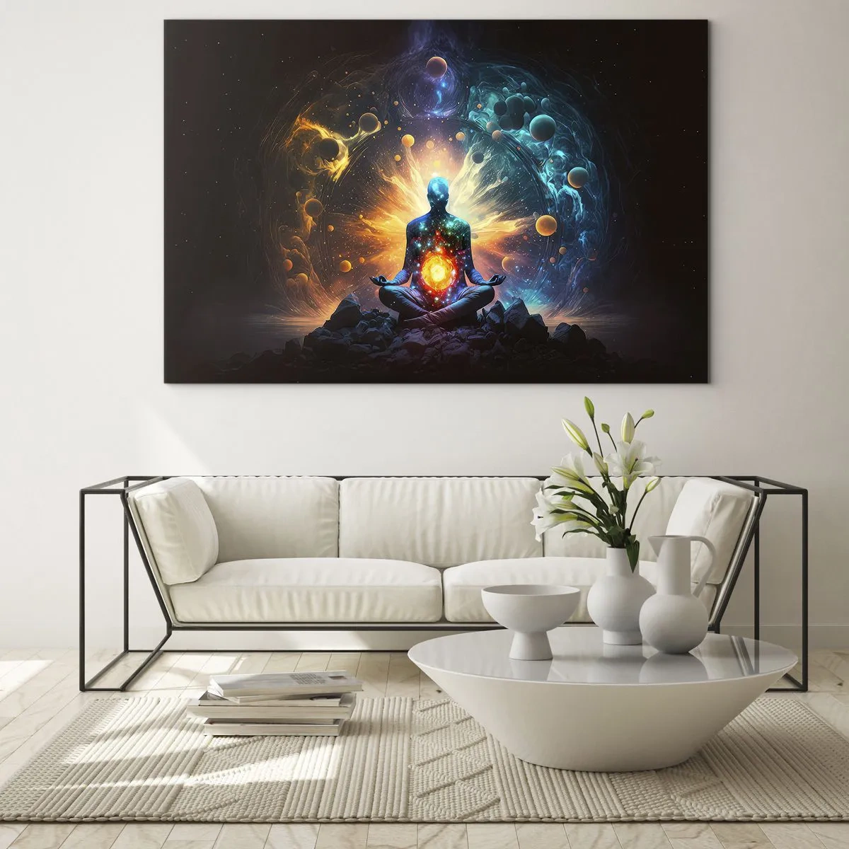Impression sur verre - Image sur verre - Une silhouette méditative dans une explosion cosmique de couleurs - 70x50cm - Paix cosmique - Décoration murale moderne pour le salon et la chambre ARTTOR