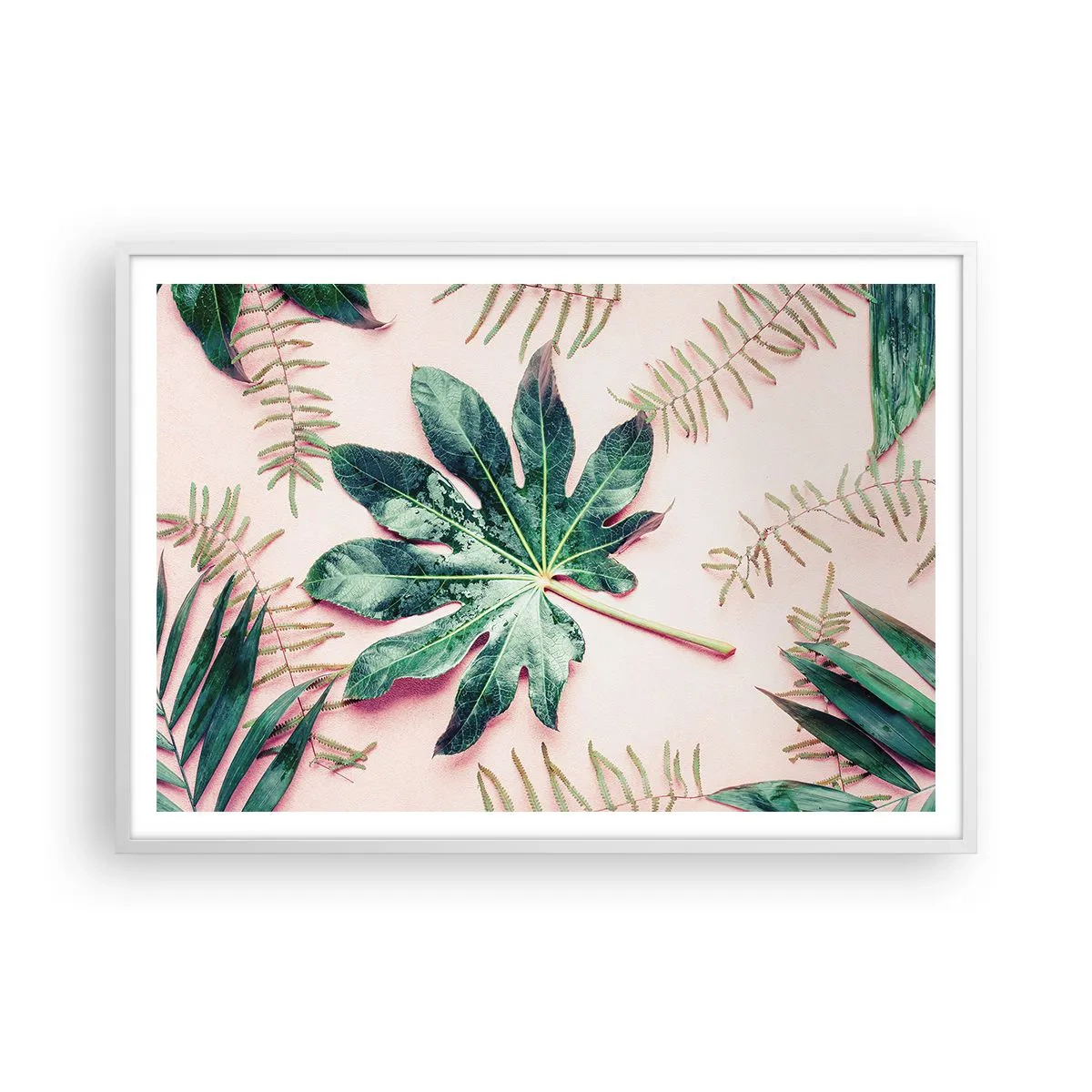 Affiche dans un cadre blanc - Poster - Étude de verdure sur fond rose - 100x70 cm
